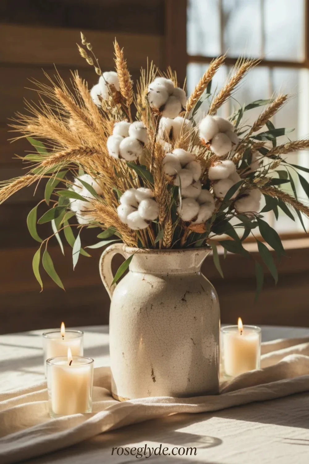 Rustic Farmhouse Fall Décor Dried Wheat and Cotton Stems Centerpiece