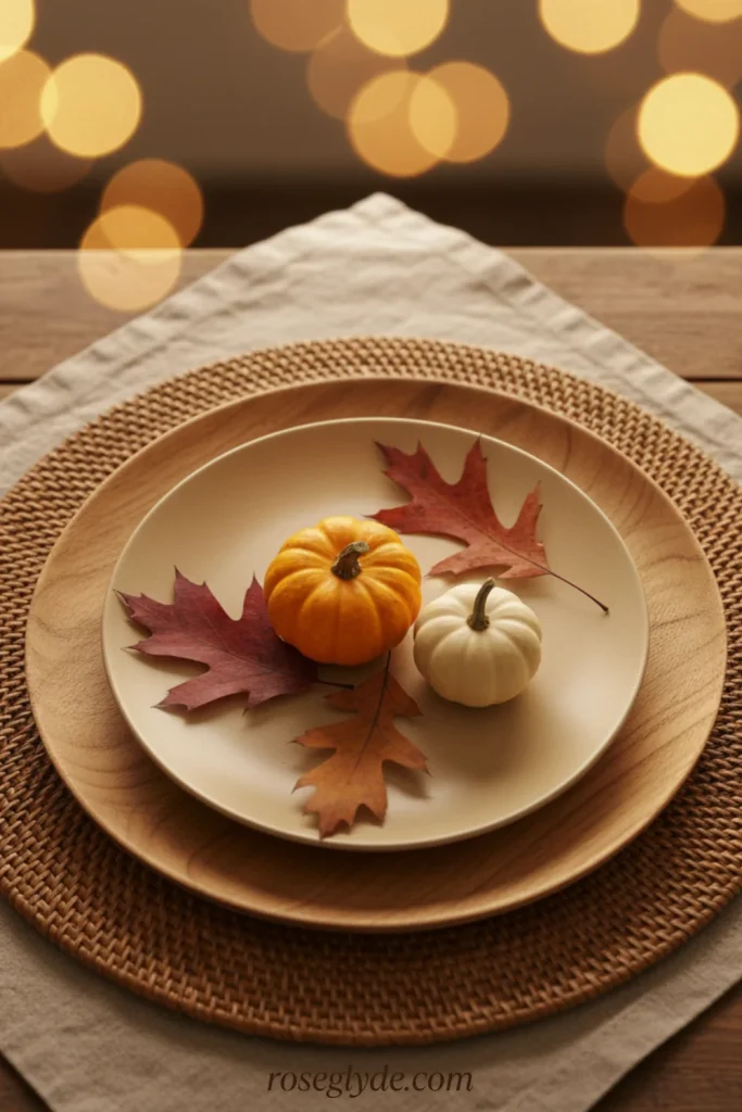 Layer Textures for fall table styling, rattan, jute, and reclaimed wood with metallic accents in brass or gold for a touch of elegance.