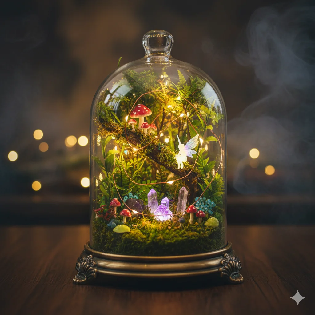themed terrariums
A glowing fantasy terrarium with moss, twinkling fairy lights, and miniature forest details.