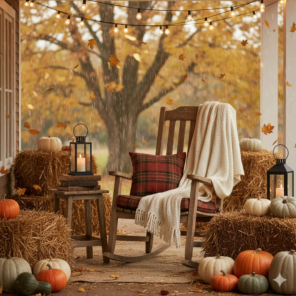 A cozy autumn porch with a rocking chair, pumpkins, hay bales, and lanterns. 