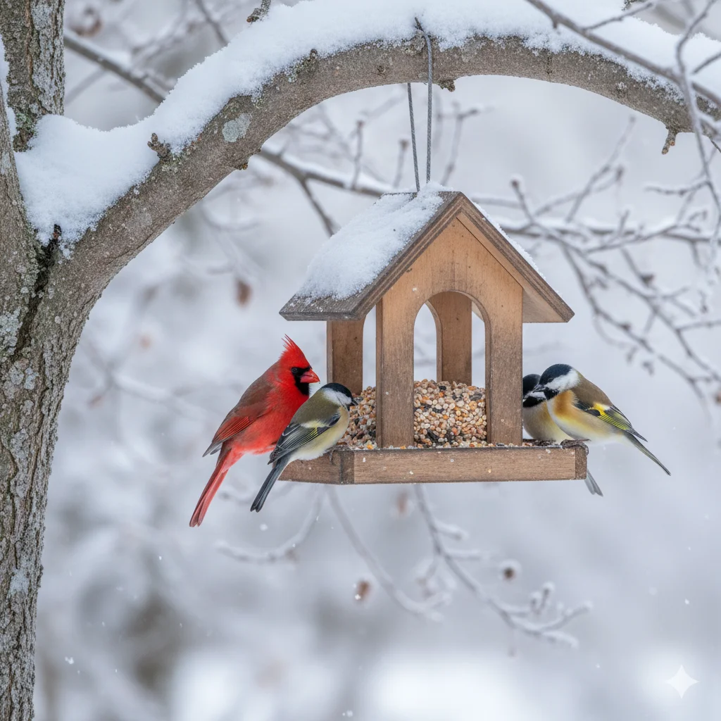 A red cardinal and two other birds on a wooden bird feeder in a snowy winter setting.