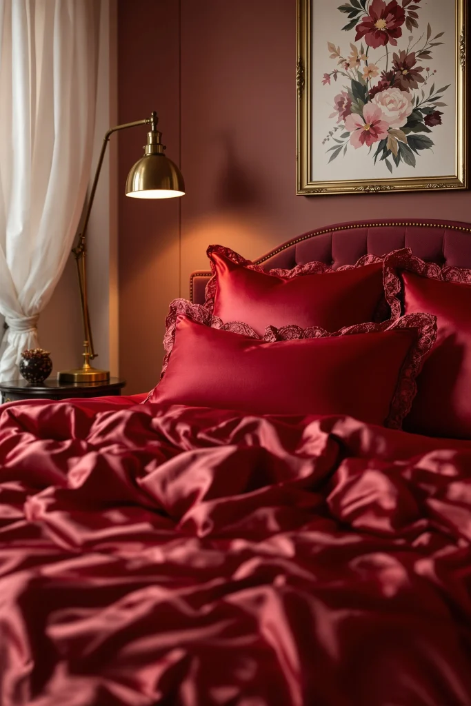 A Cherry red bedroom with a bed made with cherry red satin bedding, a brass lamp, and a floral painting on the wall.
