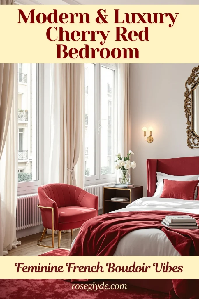 A French Boudoir inspired bedroom with a red bed, red armchair, and large windows with cream-colored curtains inspired with Paris apartment with cherry red accent.