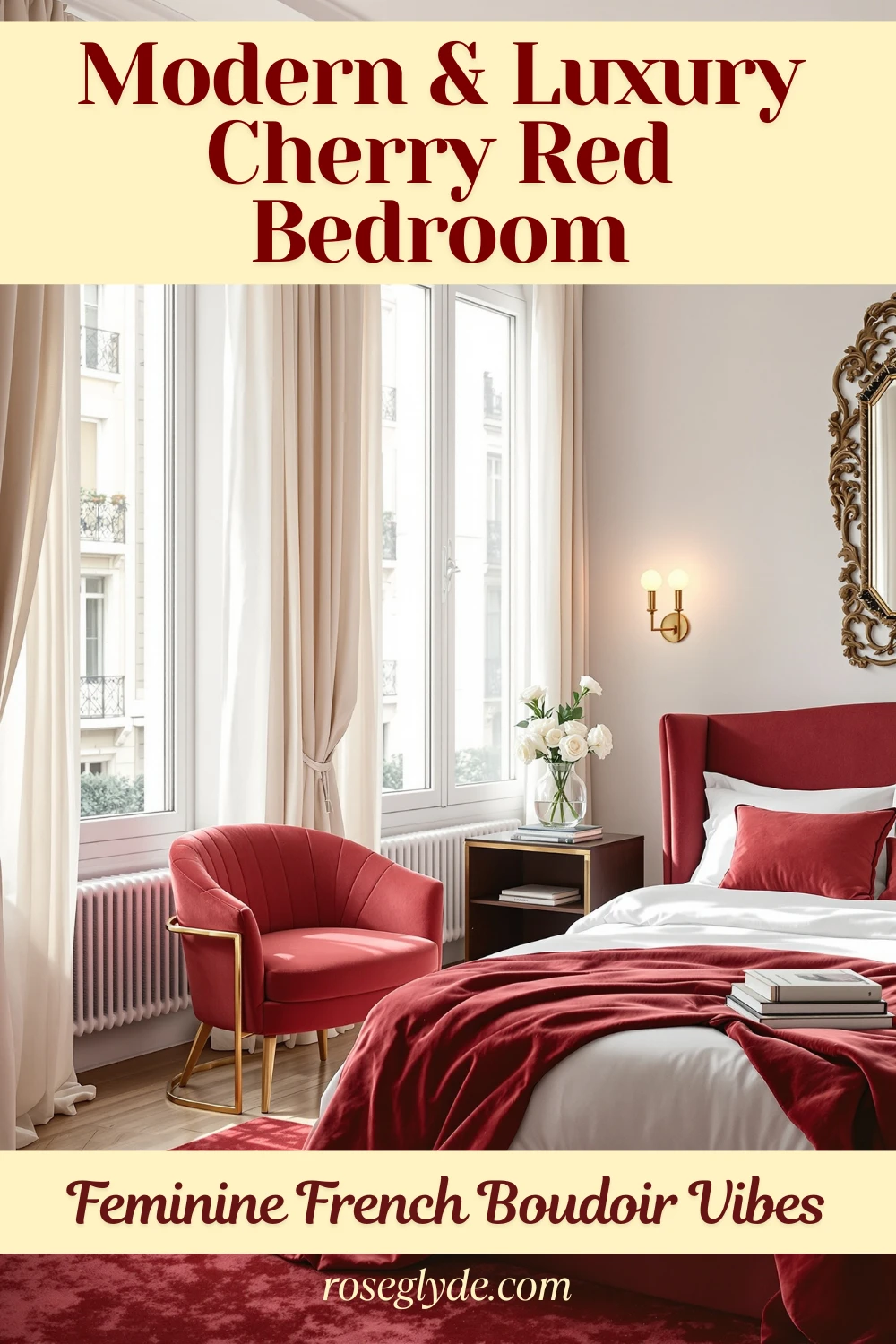 A French Boudoir inspired bedroom with a red bed, red armchair, and large windows with cream-colored curtains inspired with cherry red accent.