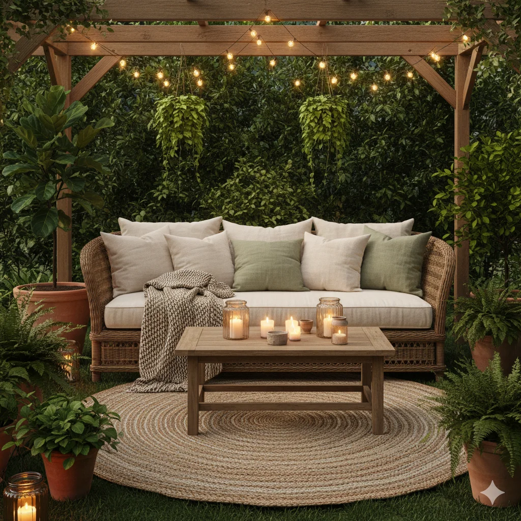  a cozy and decorated outdoor patio or Outdoor Lounge in lush garden space with pergola and solar lighting.