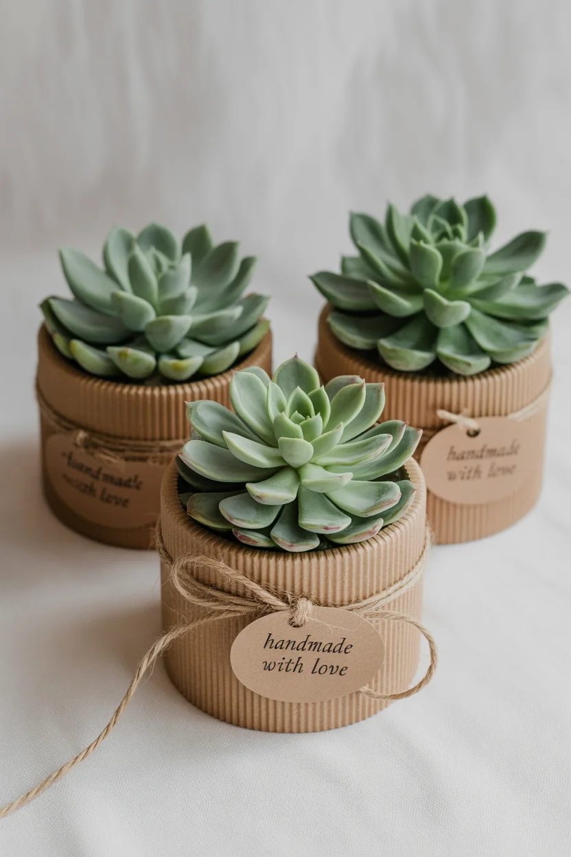 DIY Succulent Candles Three small potted succulent candle gift in burlap-wrapped pots, arranged on a light surface.