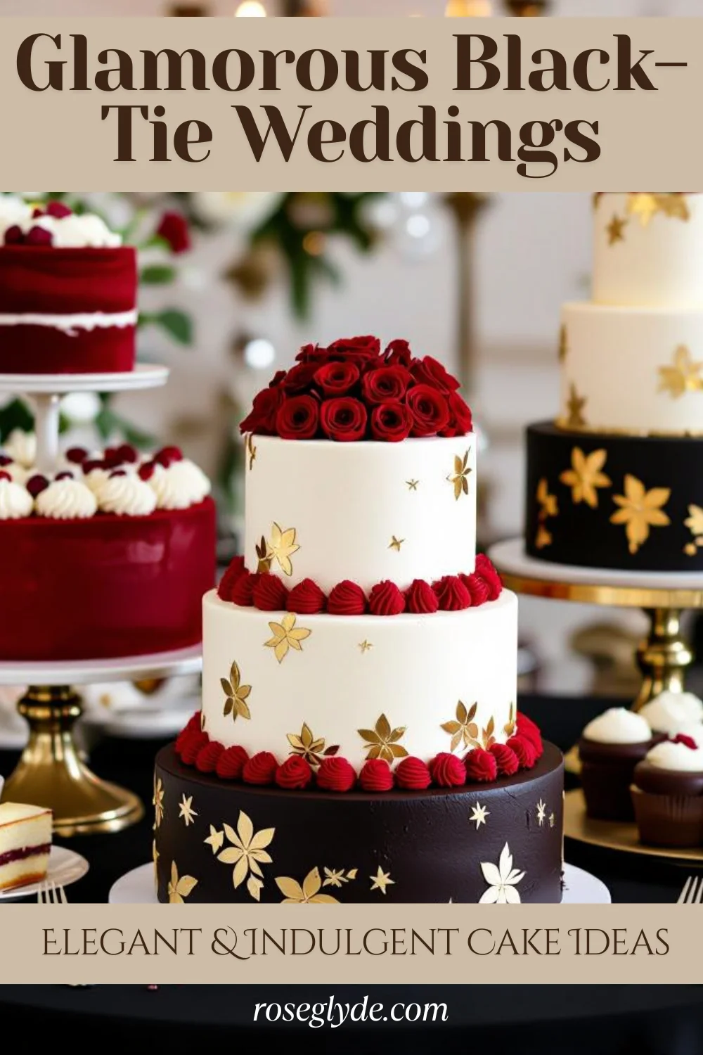 Glamorous Black-Tie Weddings: Go bold with red velvet and mascarpone, champagne and gold leaf frosting, or dark chocolate truffle cake with raspberry coulis. These flavors feel indulgent and upscale.