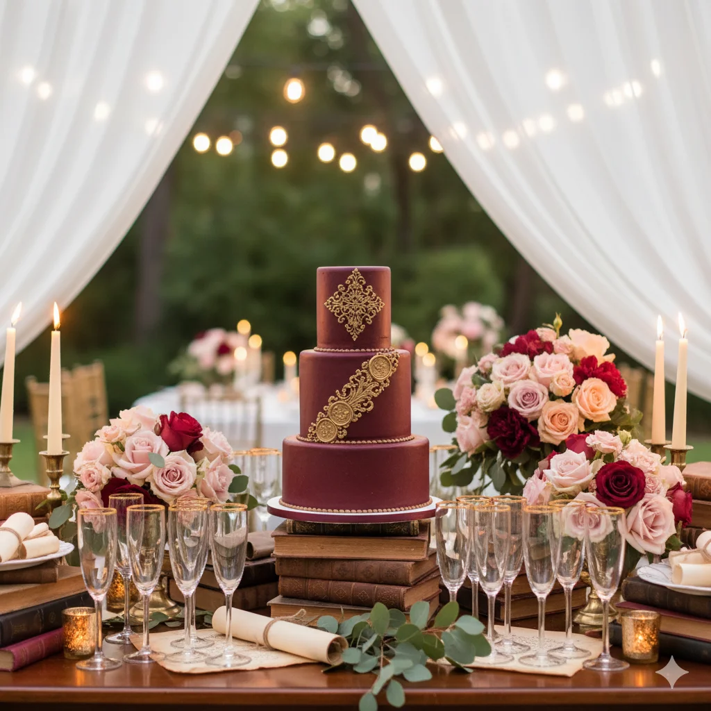 A three-tiered burgundy wedding cake with gold filigree decorations, surrounded by bouquets of pink and red roses, candles, and champagne glasses on a beautifully set table.