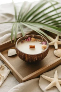 A close-up of a white candle in a coconut shell bowl, decorated with dried flowers and a wooden wick, resting on a wooden tray with seashells and starfish.