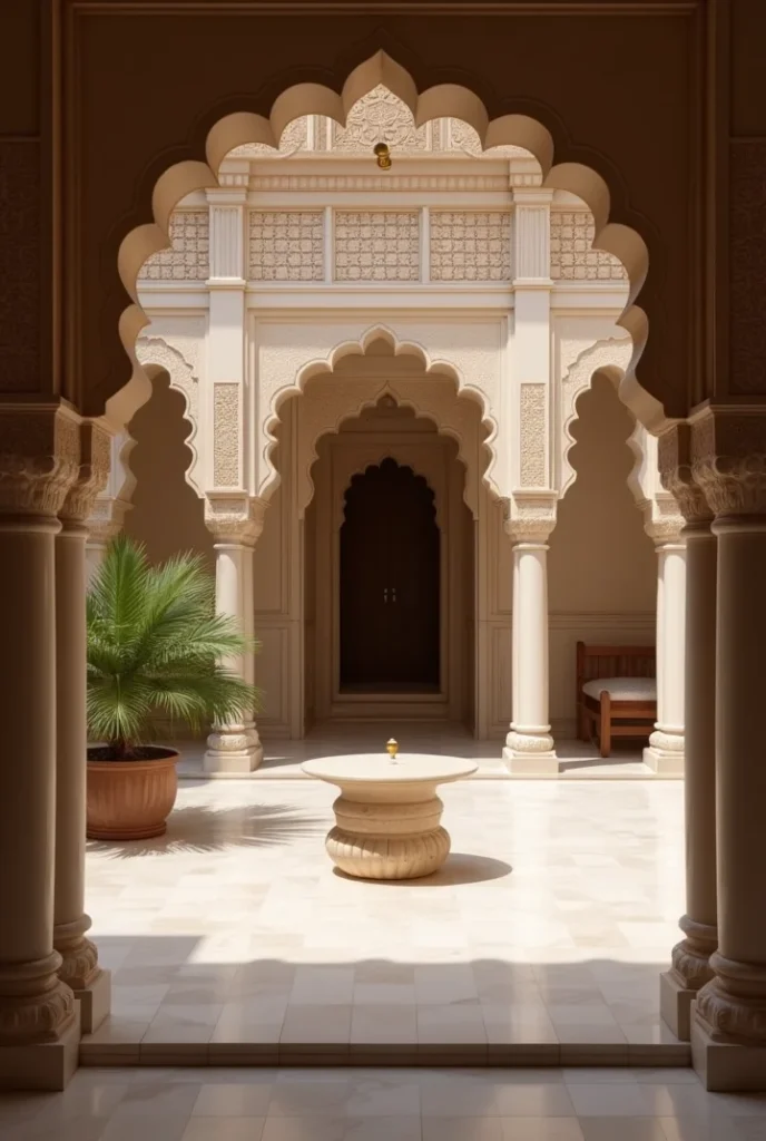 Indian Courtyard Heritage
haveli-style courtyard with marble floor, brass lamps, tulsi plant, and carved pillars.