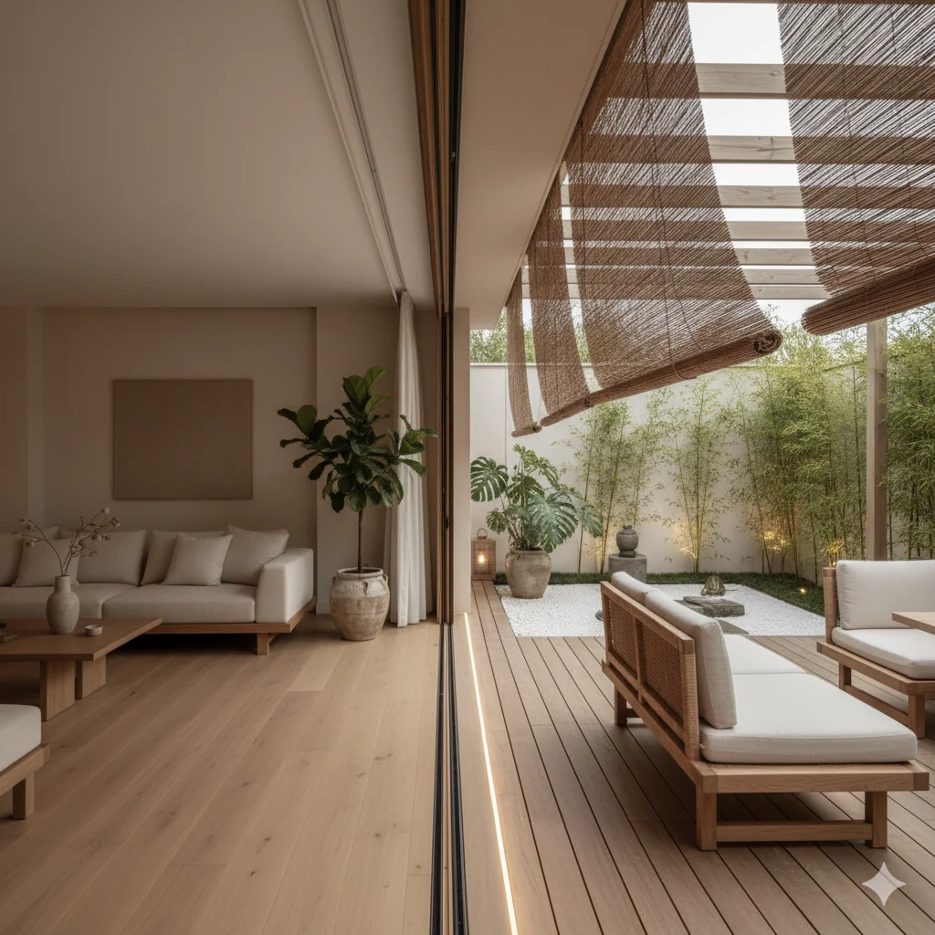 A modern japandi living room with a light-colored couch and a wooden coffee table, opening up to an outdoor deck with wooden furniture, a small zen-inspired rock garden, and bamboo plants.