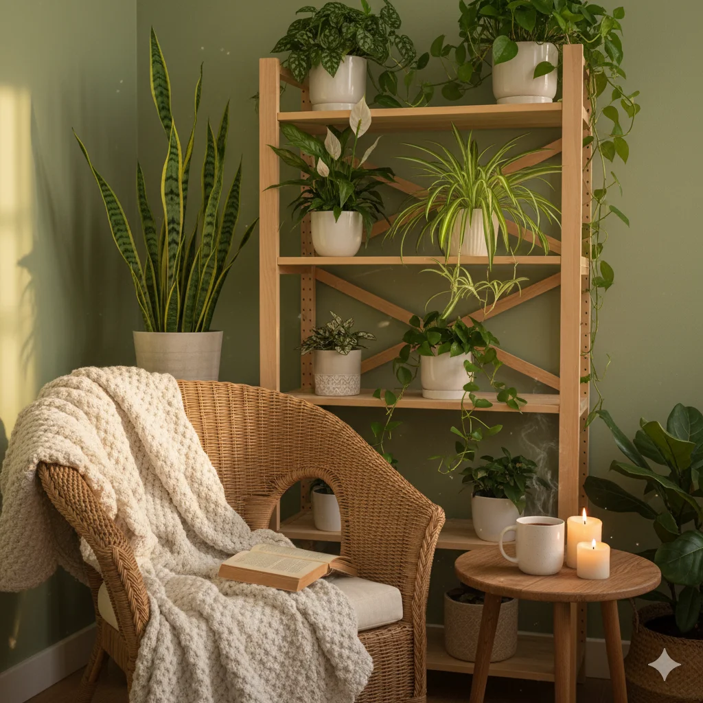 Vertical Indoor Garden and Cozy reading nook filled with indoor plants in Winter season