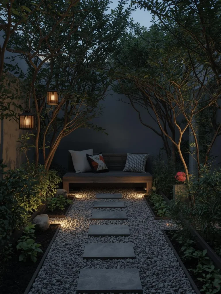 A tranquil, modern Japandi garden at night with a bench, a stone path, and subtle lighting.