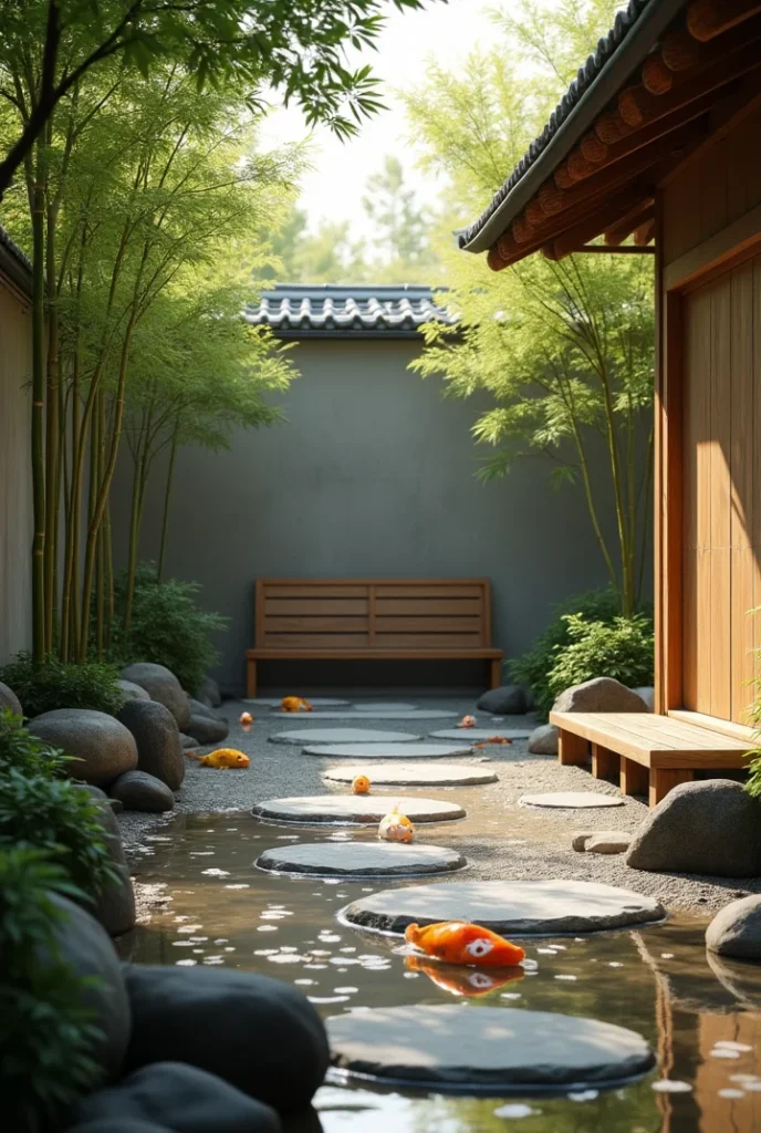  Japanese Zen Courtyard Garden
a minimalist courtyard with bamboo, stone path, koi pond, and wooden bench under soft daylight.