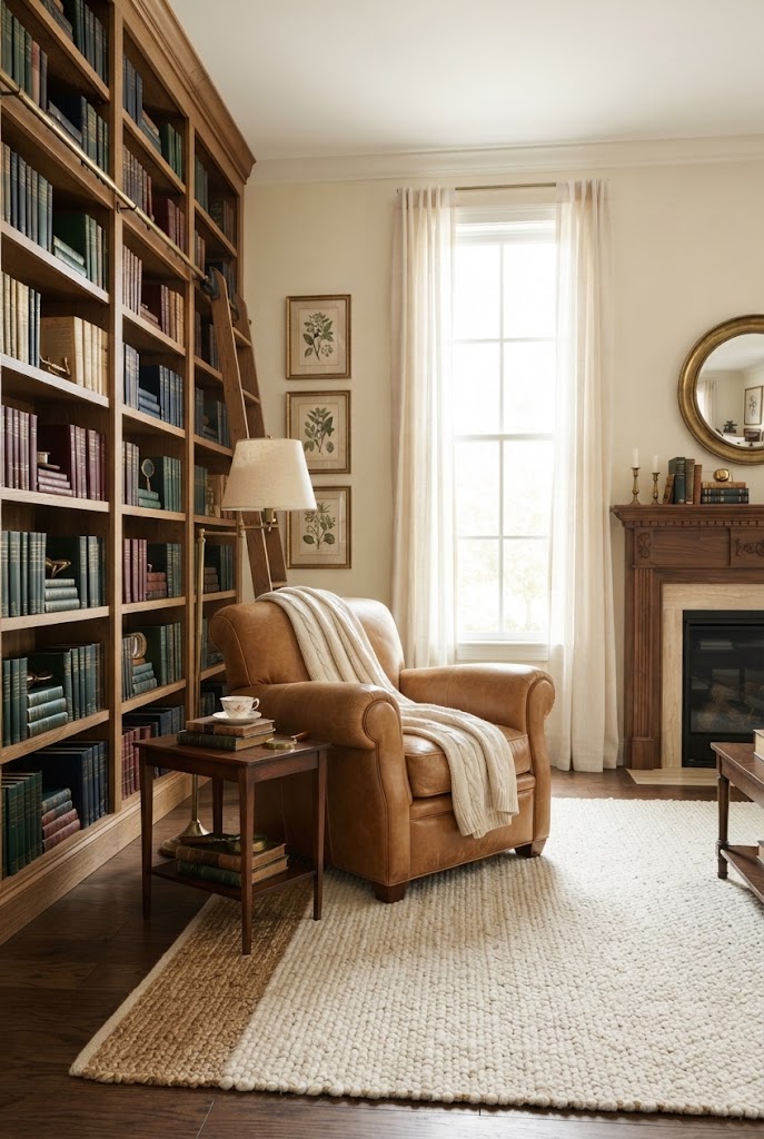 A library-inspired living space with a reading armchair beside filled bookshelves.