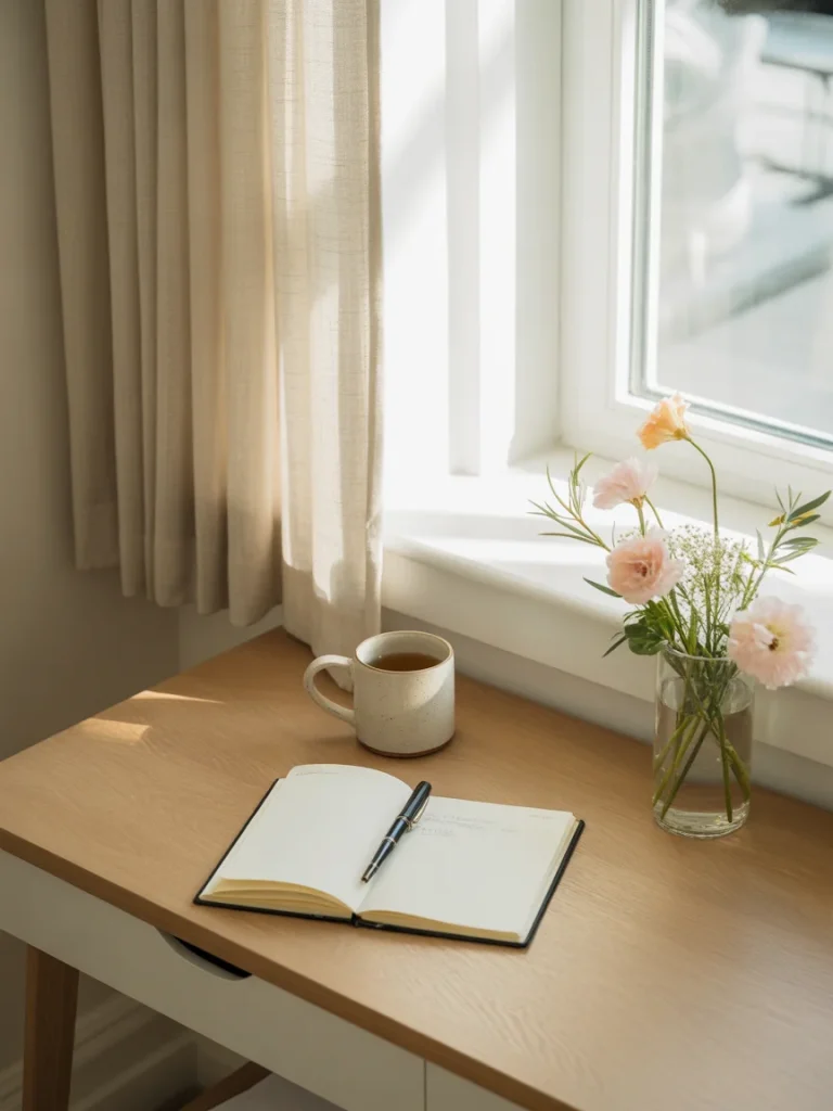 Minimalist Light Academia Aesthetic workspace featuring a wooden desk, an open notebook with a pen, a mug, and a vase with flowers.