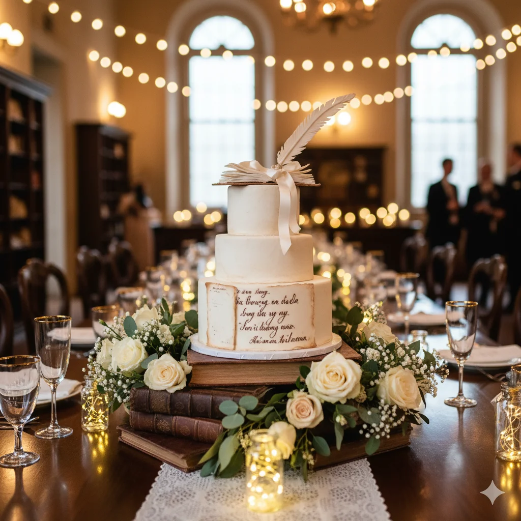 A three-tiered white wedding cake decorated with a white feather quill and ribbon, sitting on a stack of old books and surrounded by flowers and string lights.