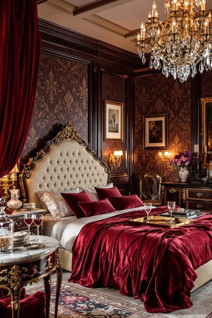 A luxurious Cherry red French Boudoir Inspired Cherry Red bedroom with a bed featuring a large, ornate gold-carved headboard and a deep red velvet comforter showing Parisian Elegance