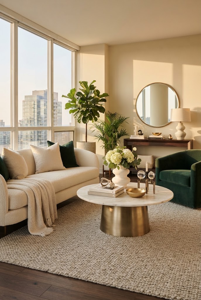 A styled condo living room with a cream sofa, green velvet armchair, marble and brass coffee table with books and a brass bowl, a round mirror and a fiddle-leaf fig by tall windows.
