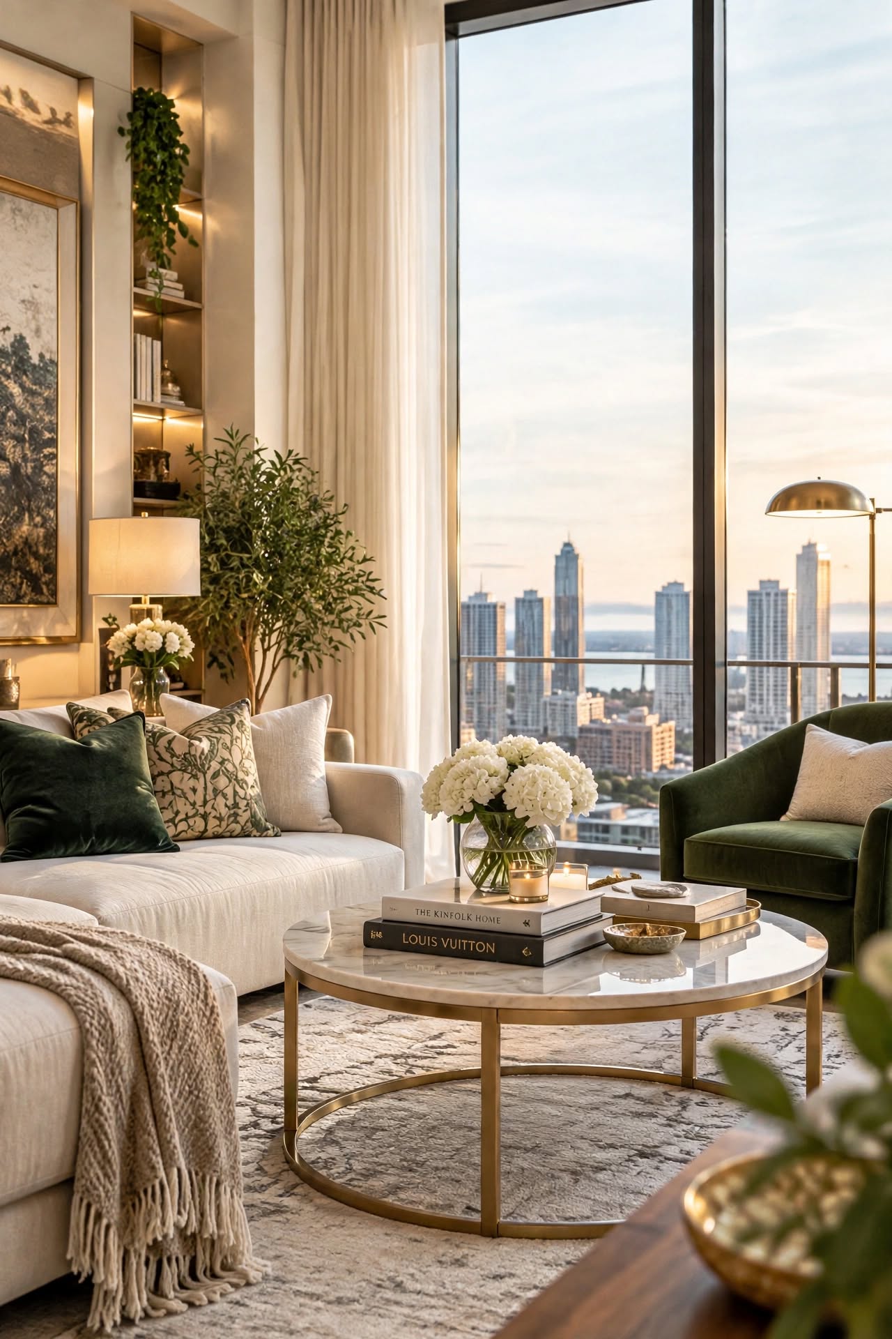 A luxury condo living room with a cream sofa layered with green velvet cushions and a knitted throw, a marble and brass coffee table, and floor-to-ceiling skyline windows.