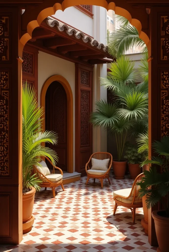 Malaysian Courtyard Elegance (Peranakan Style)
colorful Malaysian Peranakan-style courtyard with patterned tiles, carved wooden screens, rattan chairs, and tropical plants.