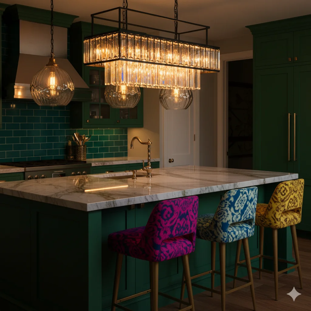  Statement Lighting in a maximalist kitchen
A kitchen island with a marble countertop, three colorful bar stools, and a large rectangular chandelier.