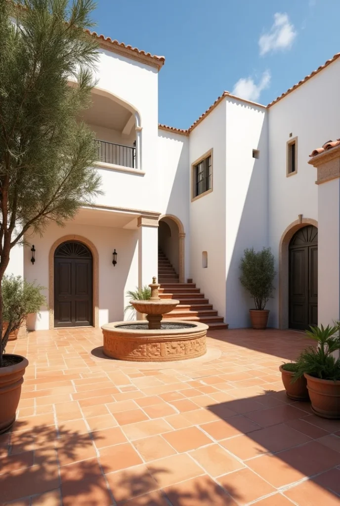 Mediterranean Courtyard Charm
a sunny Mediterranean villa courtyard with terracotta floor, whitewashed walls, olive trees, and a small tiled fountain.