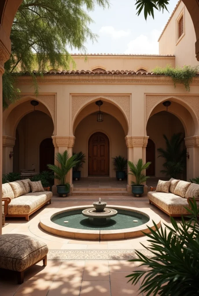 Middle Eastern Courtyard 
arched courtyard with patterned cushions, ornate fountain, and soft lantern lighting.