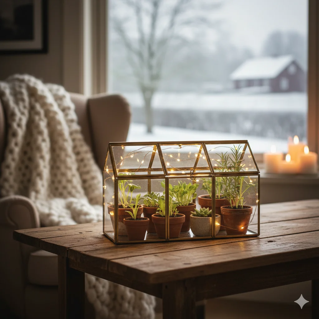 Mini indoor greenhouse with potted greens and seedlings for Winter