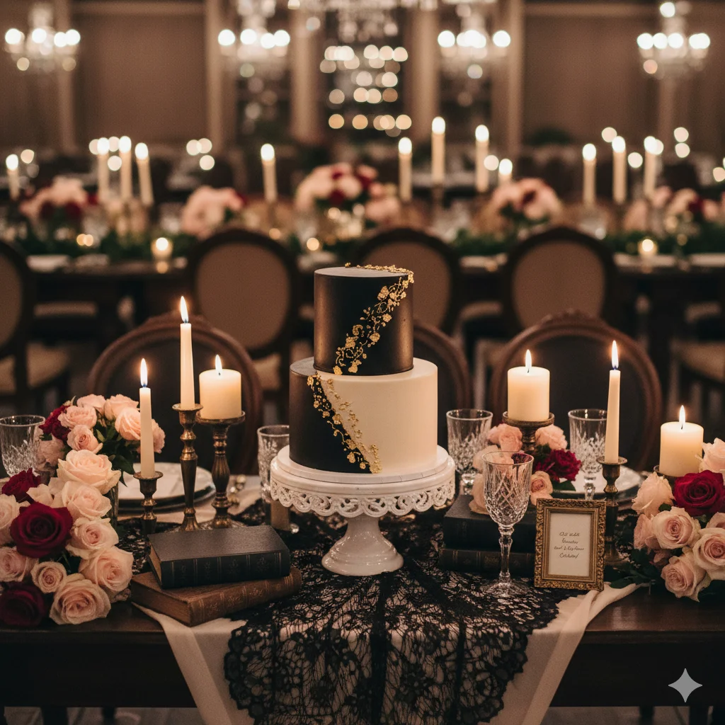 A two-tiered wedding cake, with a black top tier and a white bottom tier, decorated with gold leaf accents, sits on a table with candles and floral arrangements.