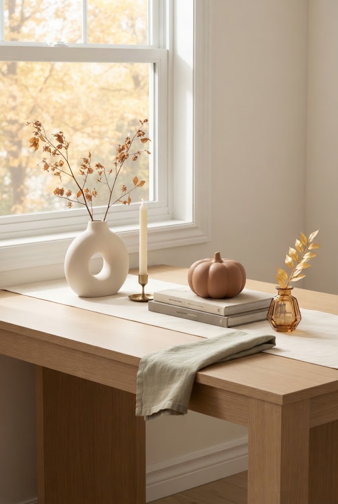 A minimalist fall table by a window with a white sculptural vase of dried branches, a taper candle, a small terracotta pumpkin on stacked books and a linen runner.