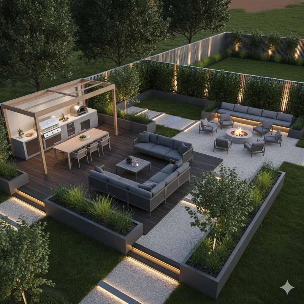 A modern backyard with a wooden deck, outdoor kitchen, dining area, and multiple seating areas including one with a fire pit. The space is well-lit with accent lighting and features structured landscaping with gravel and planters.