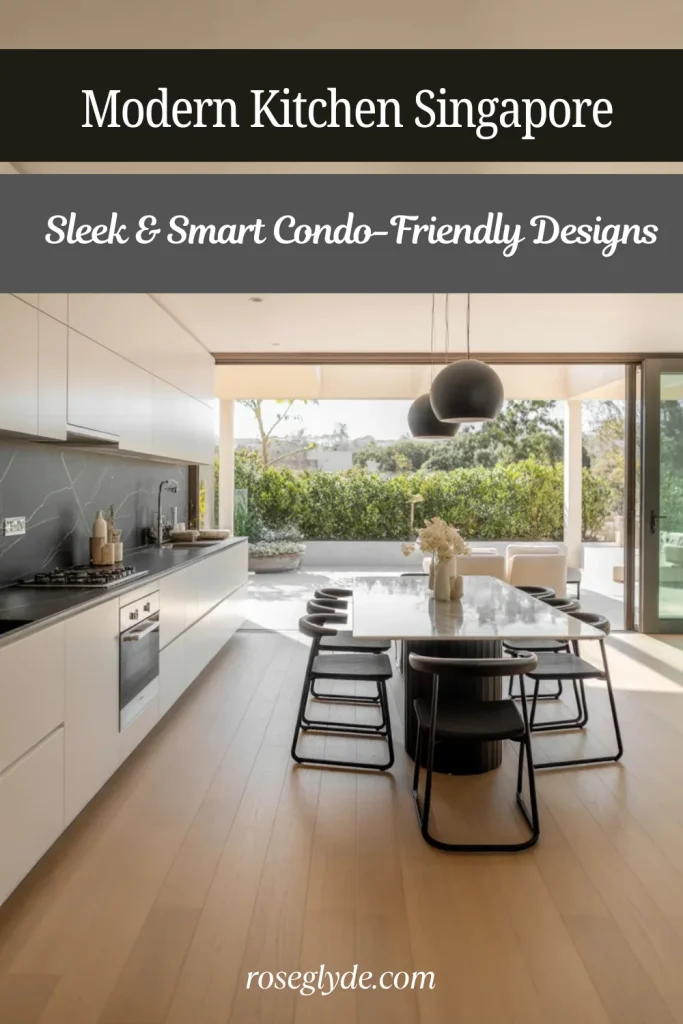 Modern Singapore kitchen for condo design
A modern, light-filled kitchen and dining area with a seamless indoor-outdoor flow to a lush garden.