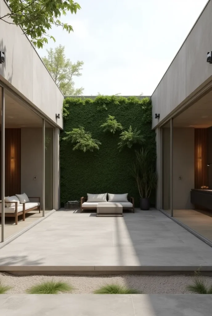 Modern Minimalist Courtyard
sleek concrete courtyard with greenery wall, neutral furniture, and glass doors opening to living area.