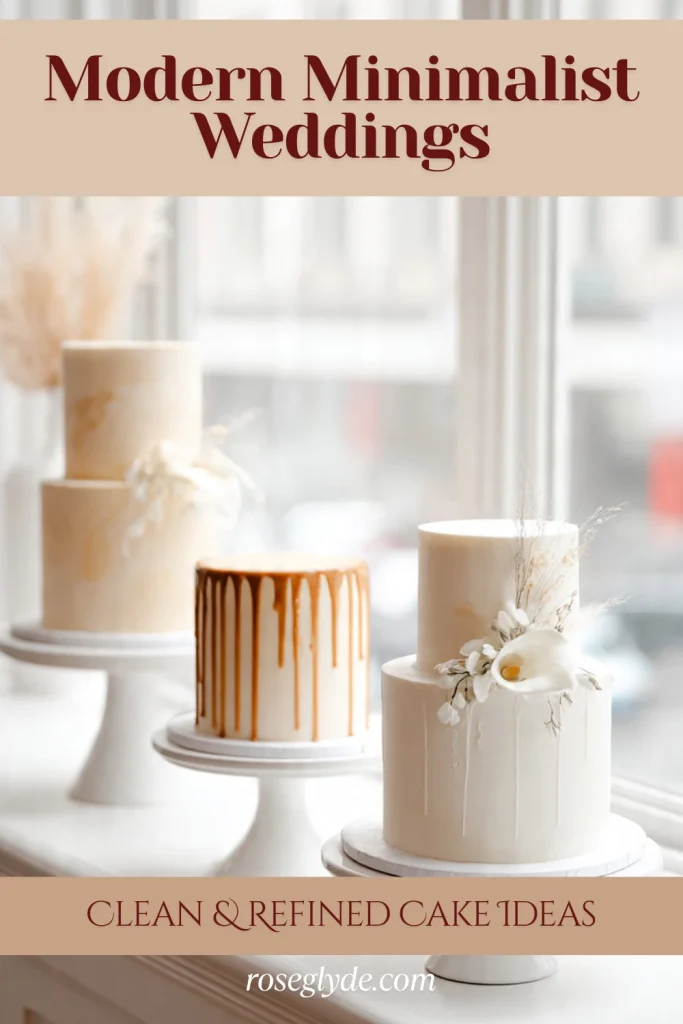 A trio of moern minimalist wedding cake on white stands in front of a window. One cake has a caramel drip, while the others are decorated with white flowers.