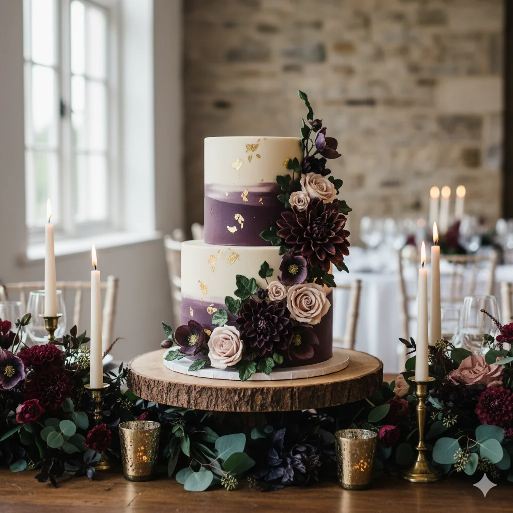 A three-tiered wedding cake with purple and white ombre frosting, decorated with dark flowers and gold leaf, on a rustic wooden stand surrounded by lit candles, vintage goblets and floral arrangements.