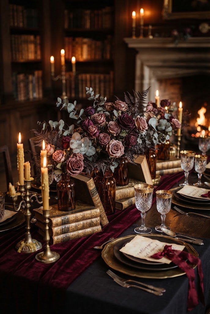 Moody dark academia wedding decor Dried Florals in Amber Glass Vases