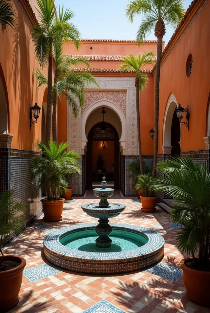 Moroccan Courtyard Magic
colorful courtyard with zellige tiles, lanterns, and mosaic fountain surrounded by palms.