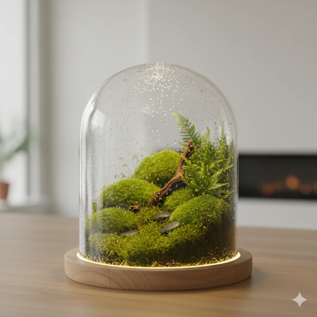  Moss Terrariums
A lush moss terrarium under a glass dome with soft ambient lighting on a wooden desk.