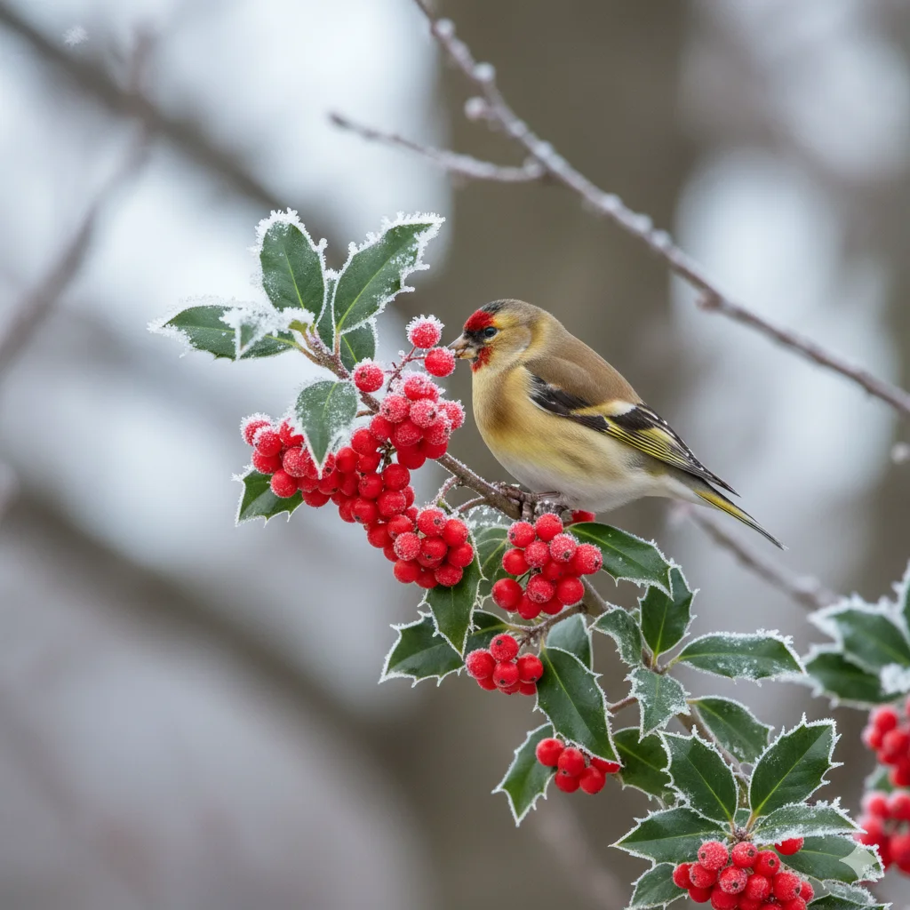 A goldfinch with a red face and yellow wings perched on a frost-covered branch with red berries and green leaves. 