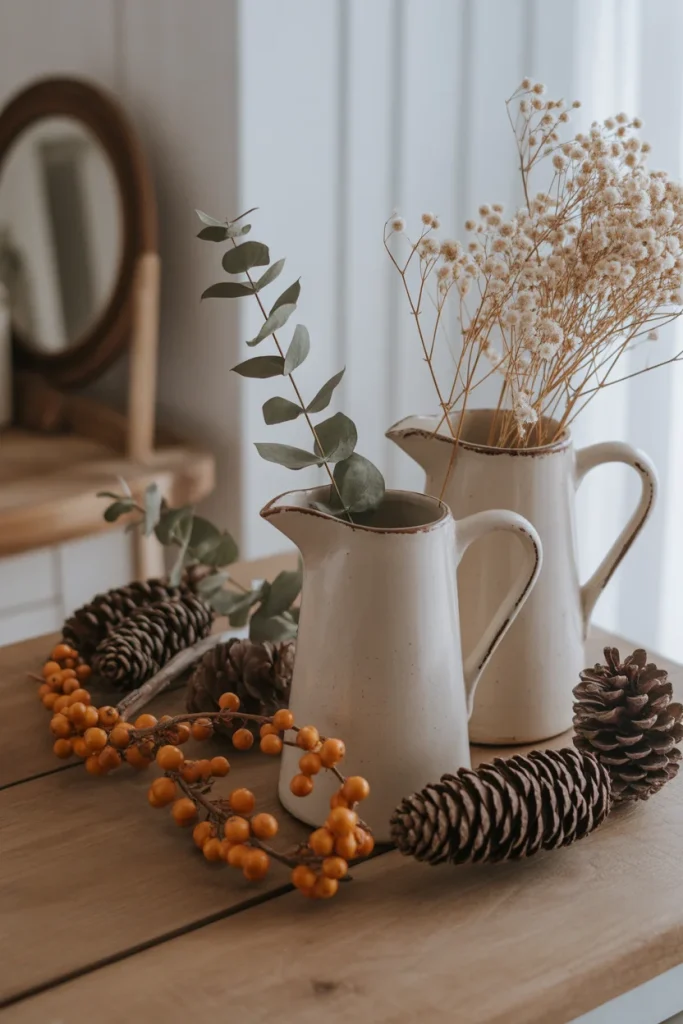 Cottagecore Winter Aesthetic Décor with natural materials like pin cone, dry leaves, dry branches
