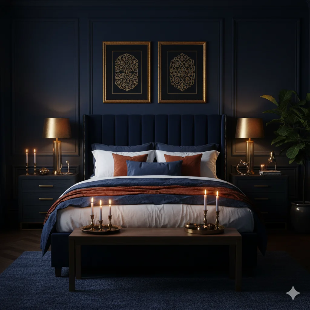 Dark Moody Navy Blue Art Deco Bedroom