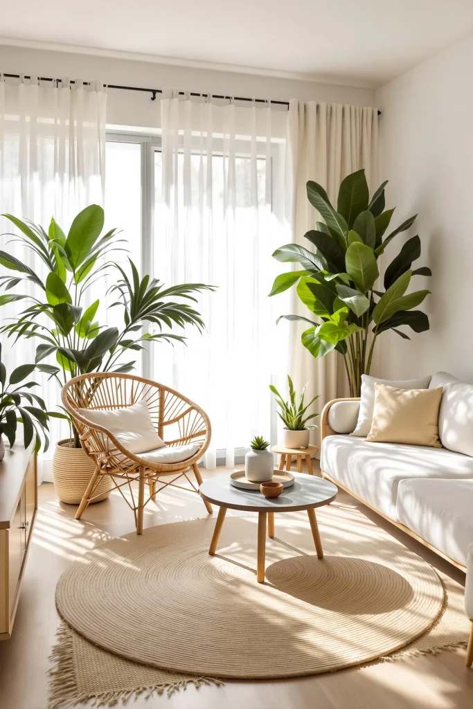 A tropical boho-chic apartment living room with a white sofa, a rattan chair, a round coffee table, and several large houseplants.