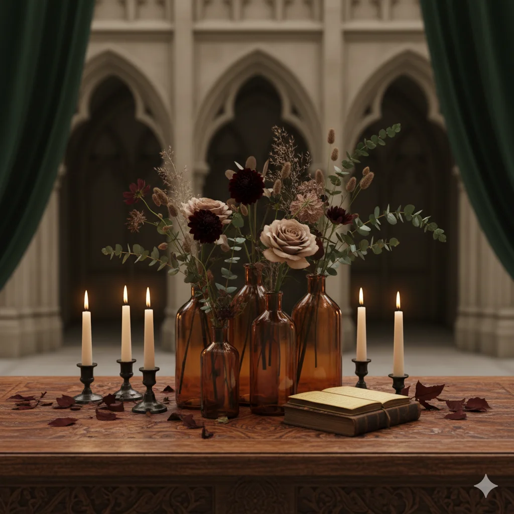 A still life of a academia wedding  floral arrangement in amber bottles, with lit candles and a book on a wooden table.