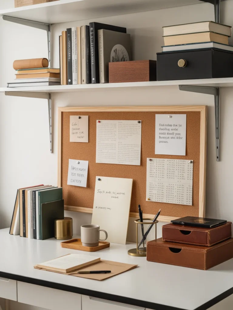 A close-up of a Academia Aesthetic desk with a cork board, books, and various office supplies, with two white floating shelves above it holding more books and decorative boxes.