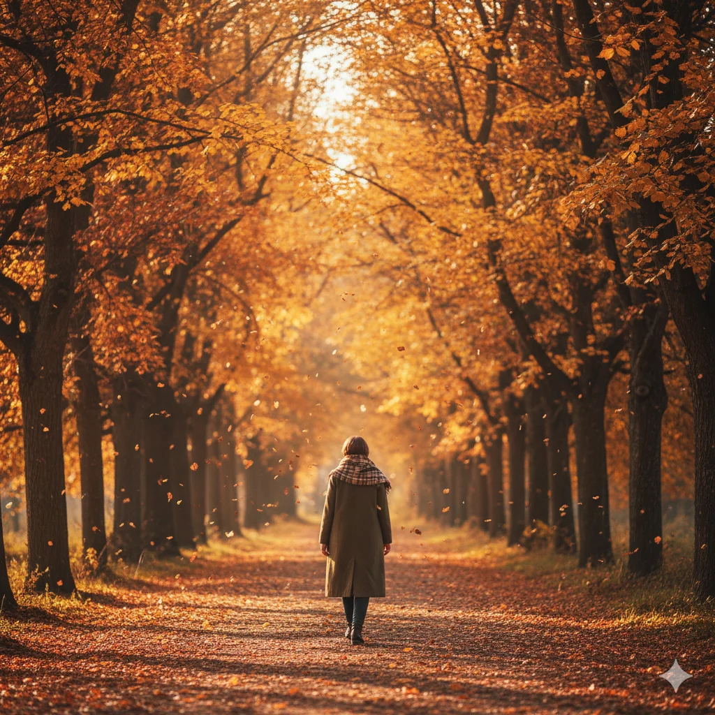 A person walks down a path lined with trees with golden autumn leaves, with sunlight shining in the distance.