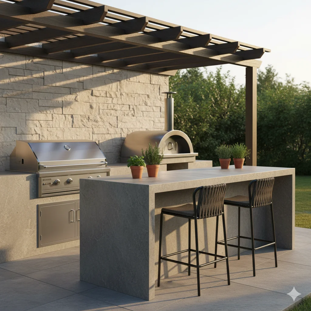 modern outdoor kitchen and dining area. The space features a built-in grill, a wood-fired pizza oven, and a large concrete island with two bar stools. A pergola with dark wood slats provides shade over the area.