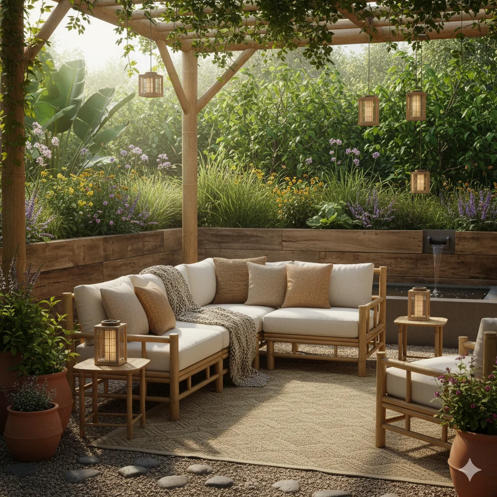 Outdoor Living Trends
A wooden outdoor sectional sofa and matching furniture on a patio surrounded by lush greenery and hanging lanterns.