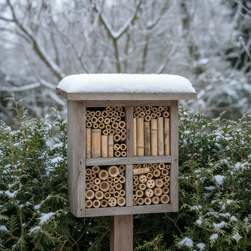 Wildlife-Friendly Garden Pollinator Hotels of hollow stems for solitary bees to overwinter. 