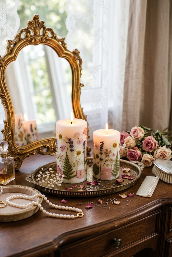 Romantic Cottagecore pressed flower botanical candles  on vanity, 